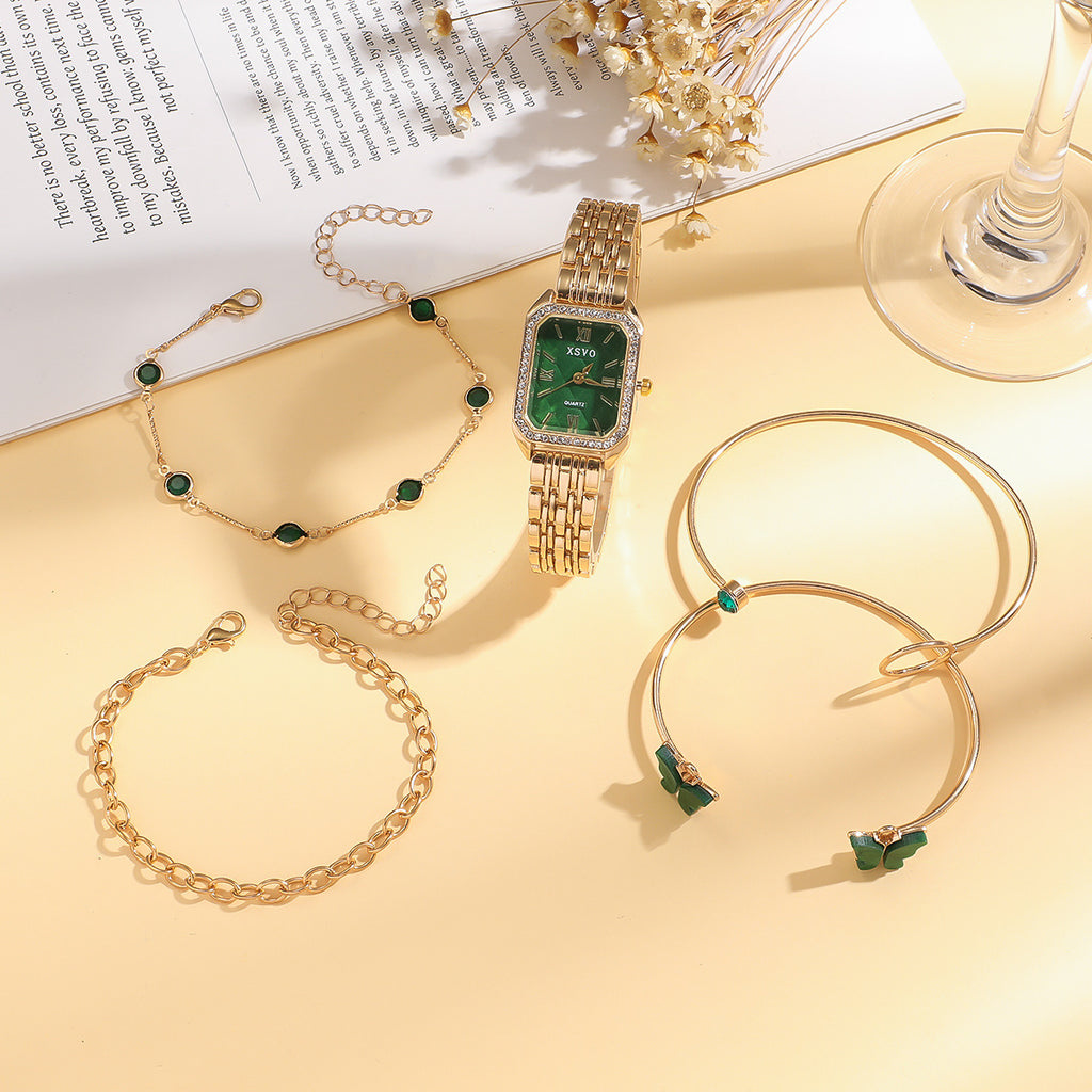 Wild Emerald Square Steel Watch Butterfly Bracelet 5pcsset Gift Set